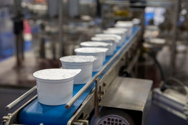 White plastic yogurt cups with sealed lids move along a blue conveyor belt inside a food processing factory
