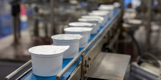 White plastic yogurt cups with sealed lids move along a blue conveyor belt inside a food processing factory