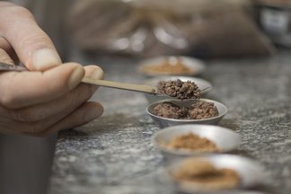 A hand holding a spoon over small bowls with soil probes.