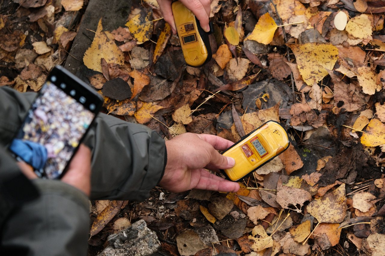 A hand holding a Geiger counter above the floor of a forest to measure radiation levels.