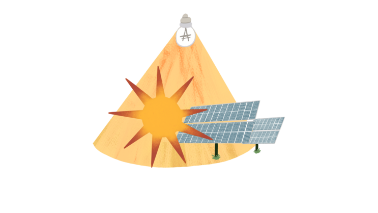 Illustration relating to the theme of the unit:A light bulb casts a trapezium-shaped beam of light, within which the sun and solar panels are depicted.