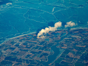 A Nuclear power plant in a resedential area, pictured from above