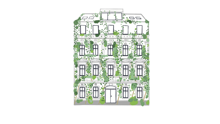 Illustration relating to the theme of the unit: The facades of a typical Viennese Gründerzeit building, a five-storey block of flats, is covered with greening.