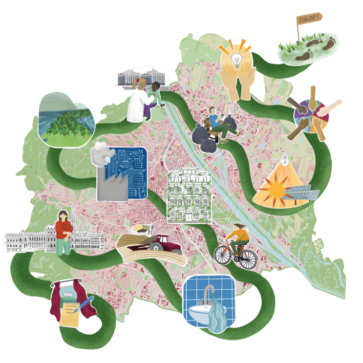 Gezeichnete Kartenansicht von Wien, durch welche ein Weg mit diversen Stopps geht, welche mit kleinen Illustrationen gekennzeichnet sind.