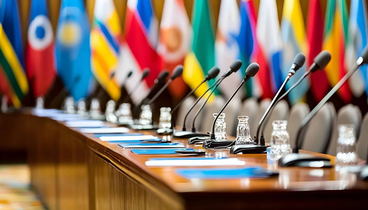 Conference room with microphones, folders, and national flags, set up for international talks on plastic pollution.