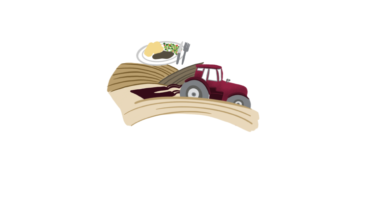 Illustration relating to the theme of the unit: A tractor is ploughing a field; a plate with a cooked meal is next to it