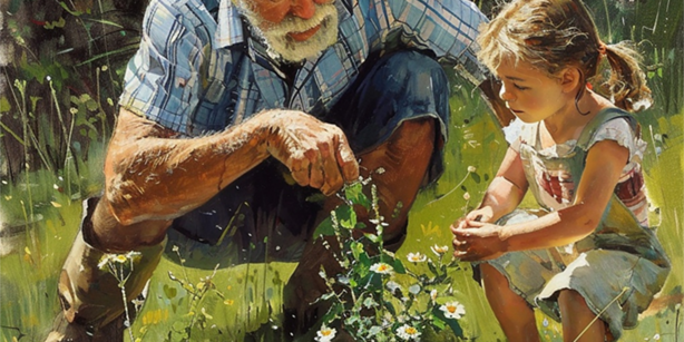 Painting of an old man and a girl looking at a plant in a pot