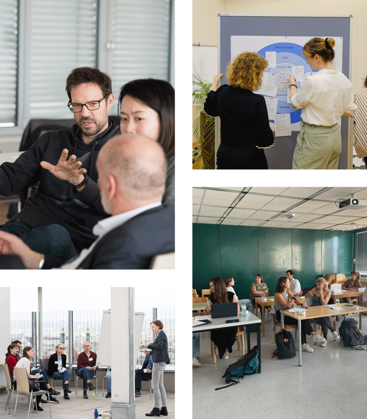 Composition of 4 pictures showing different people discussing with each other and presenting