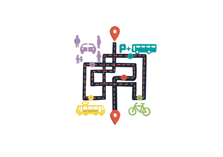 Illustration relating to the theme of the unit: A geometric street layout, with a clearly marked start and end to a route, is surrounded by symbols representing modes of transport (a bicycle, a bus, a tram, and a car full of people)