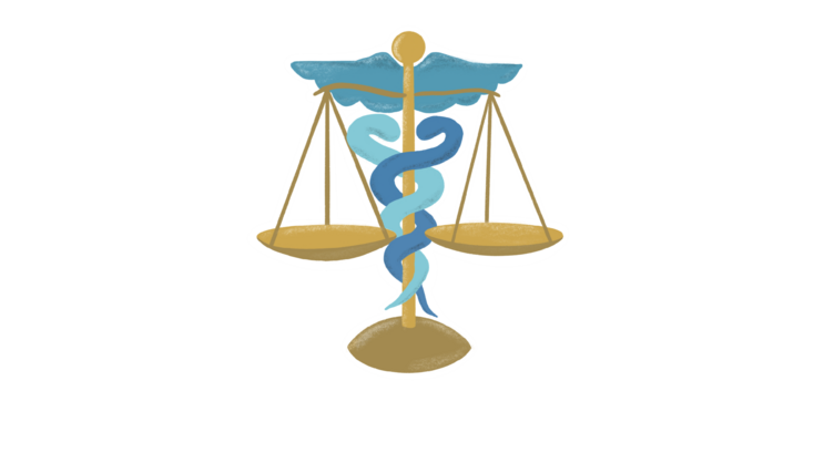 Illustration relating to the theme of the unit:A set of scales, representing justice, is also depicted as the rod of Asclepius, representing health