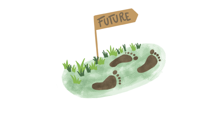 Illustration relating to the theme of the unit: Footprints on a patch of grass lead in the direction indicated by a signpost bearing the word ‘Future’