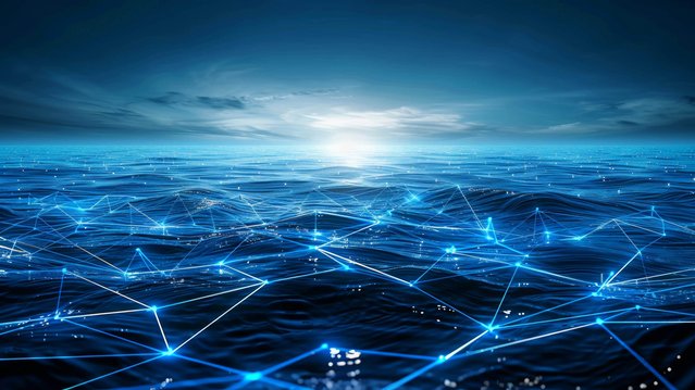 Vast ocean with a glowing digital network overlay stretching to the horizon under a cloudy sky.
