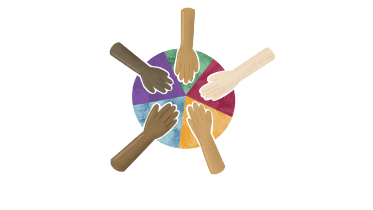 Illustration relating to the theme of the unit: Five hands of different skin tones clasp together