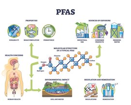 Infographic explaining PFAS: their properties, exposure sources, health risks, environmental impact, and regulations, with a central molecular diagram.