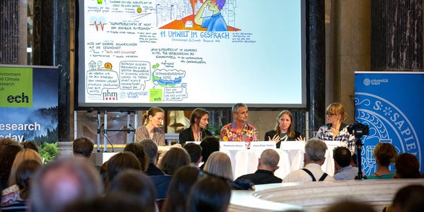 Podiumsdiskussion beim Event „Umwelt im Gespräch 11“ mit fünf Personen vor einer Leinwand mit Veranstaltungstitel.