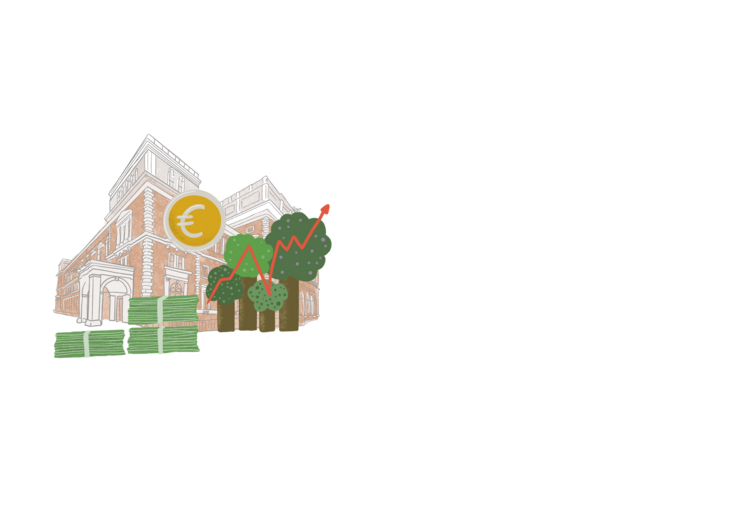 Illustration relating to the theme of the unit:The Vienna Stock Exchange building with the euro symbol and a stack of banknotes in front of it 