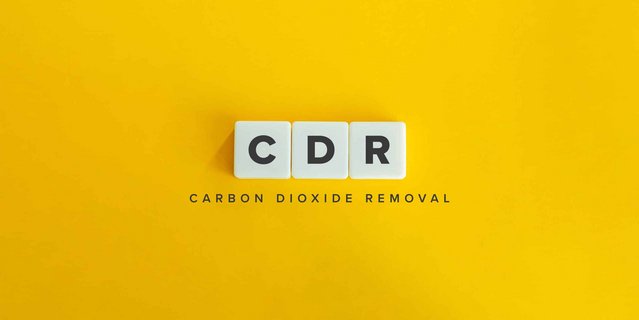 Three white tiles with the letters C, D, and R on a yellow background, with the text 'Carbon Dioxide Removal' below.