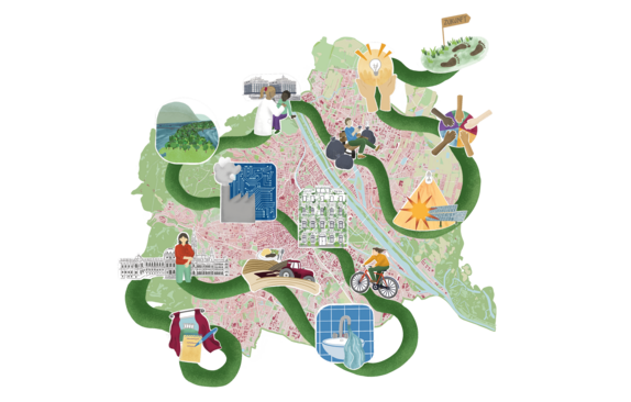 Gezeichnete Kartenansicht von Wien, durch welche ein Weg mit diversen Stopps geht, welche mit kleinen Illustrationen gekennzeichnet sind.