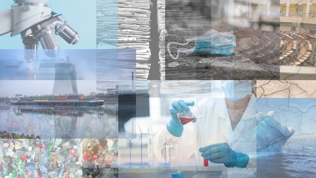 Composition of several images showing different scenes of science-related topics