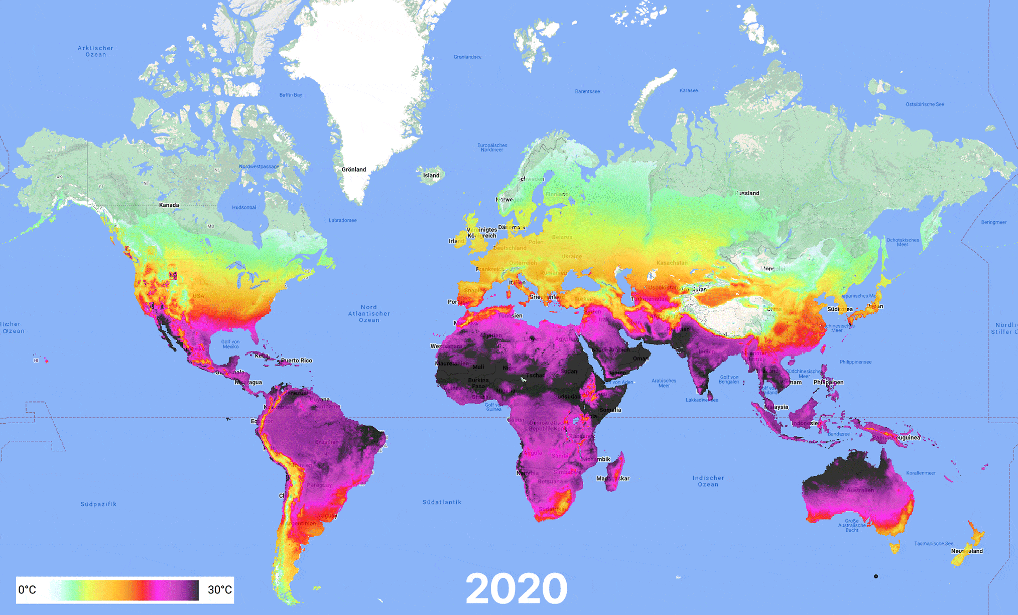 GIF of World map showing global temperature distribution in 2020, with a color gradient from blue (0°C) to pink (30°C).