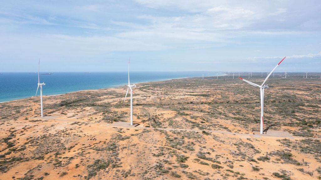 A Wind park on bare land with a few trees in between, next to the cost line with the sea in the background